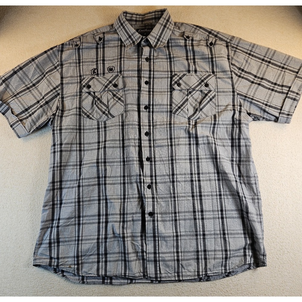 Knockout Men's 3XB Plaid Short Sleeve Button Up Shirt Black Gray 100% Cotton